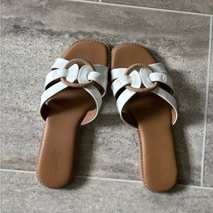 A New Day White Slide Sandals with Tan Ring Detail